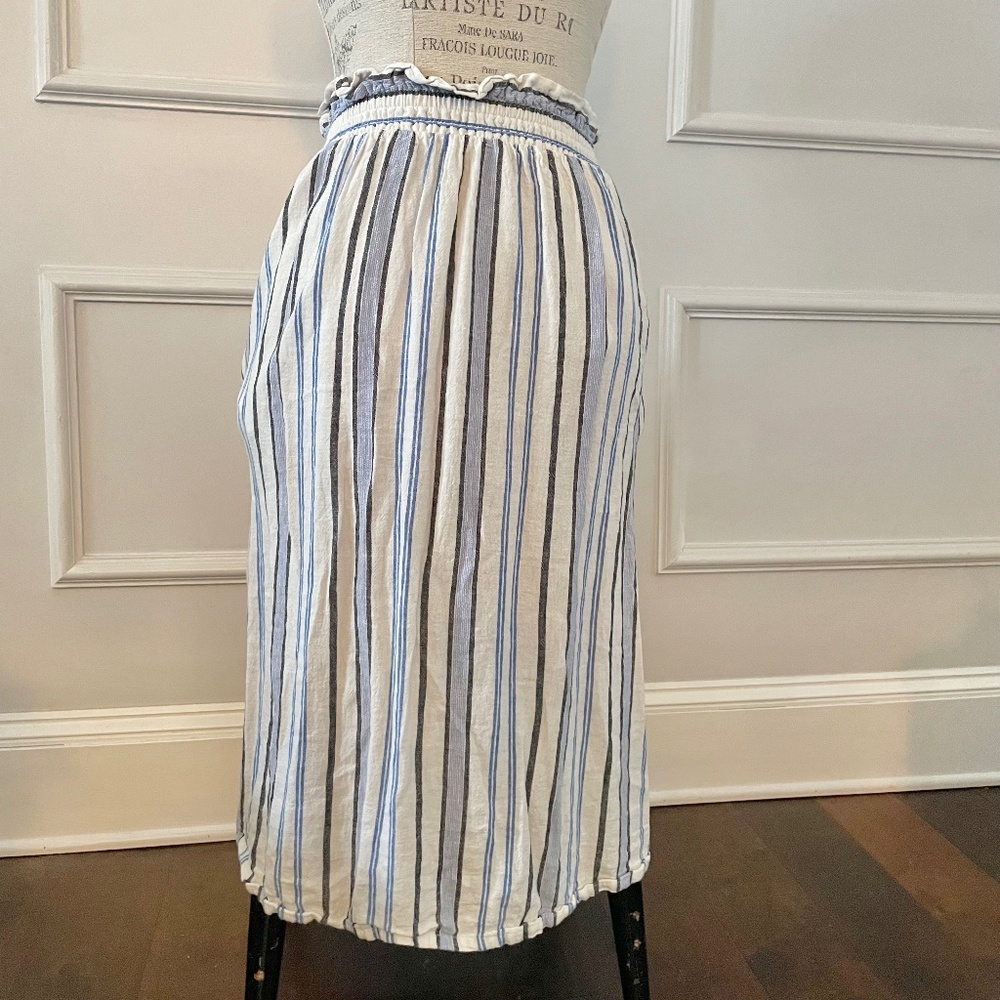 Linen and super soft Rayon blend striped blue black white midi skirt w/ pockets